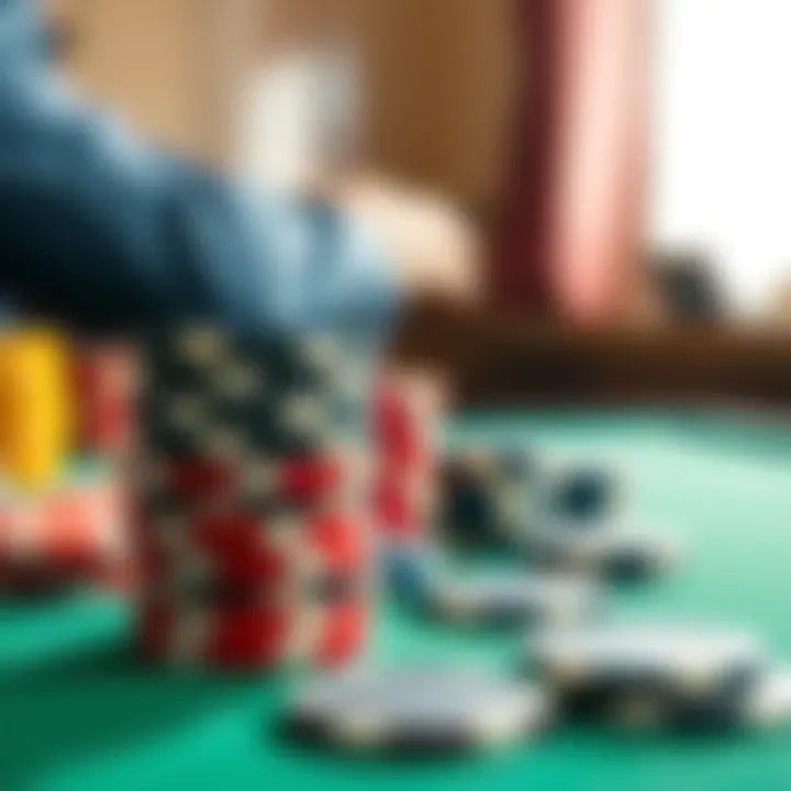 Close-up view of poker chips stacked in preparation for a game